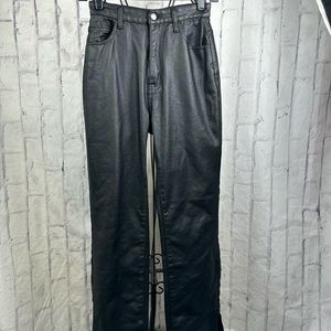 PrettyLittleThing Black Coated Denim Split Hem Flared Jeans Hi-Rise